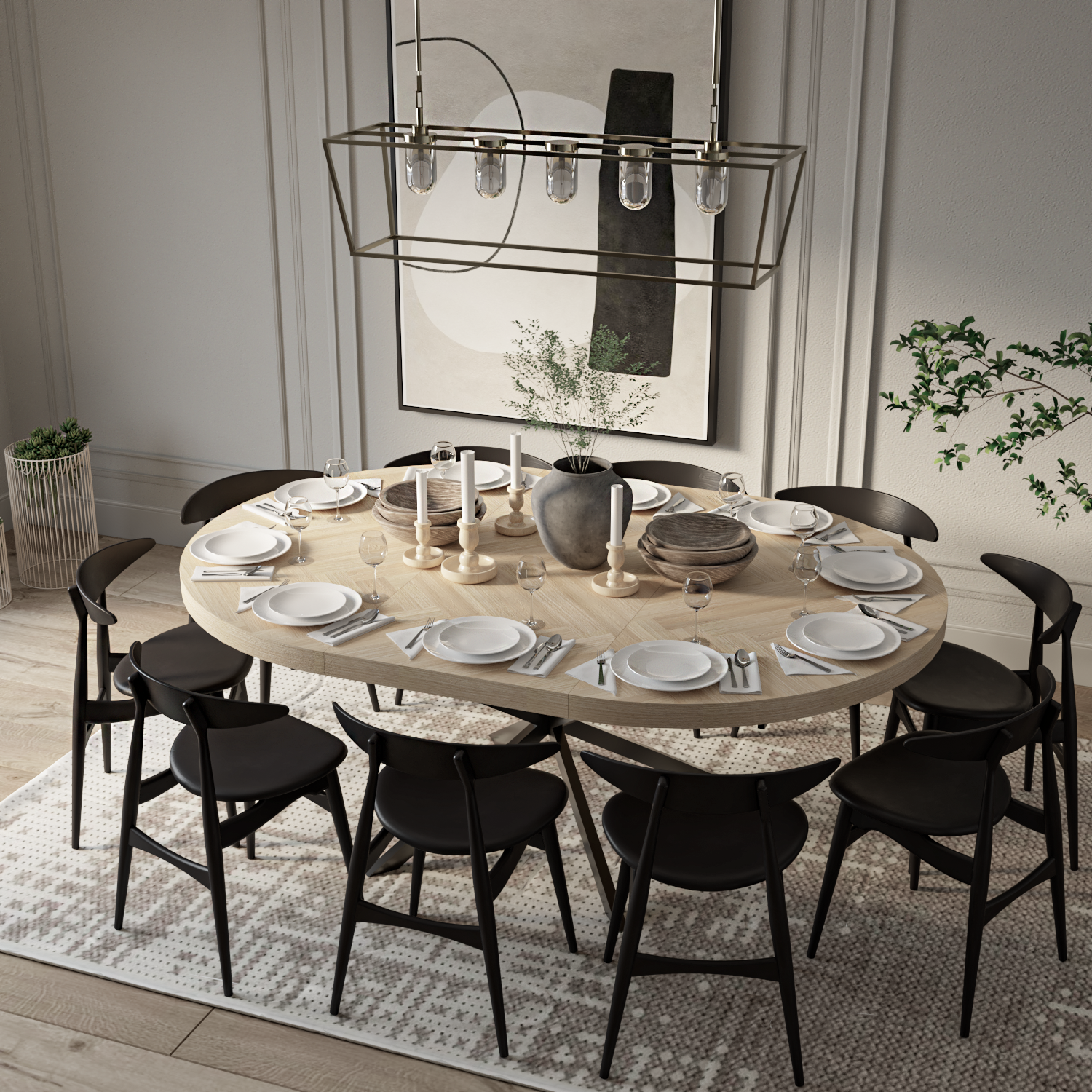 Astrid Extendable Round Herringbone Dining Table in Cotton Oak | S10 Home