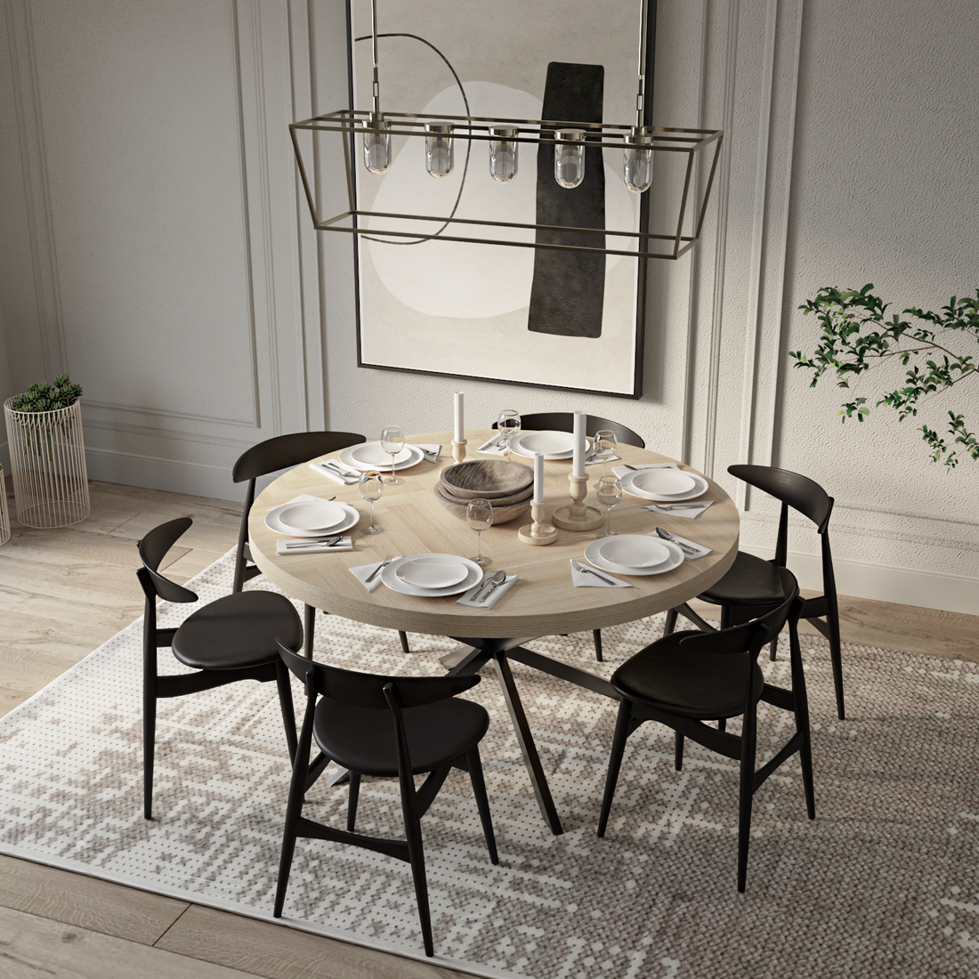 Astrid Extendable Round Herringbone Dining Table in Cotton Oak | S10Home